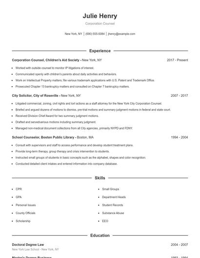 Corporation Counsel Resume