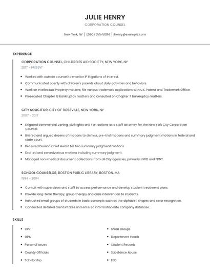 Corporation Counsel Resume