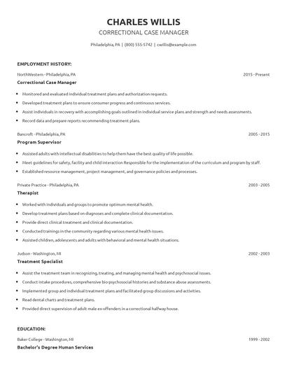 Correctional Case Manager Resume
