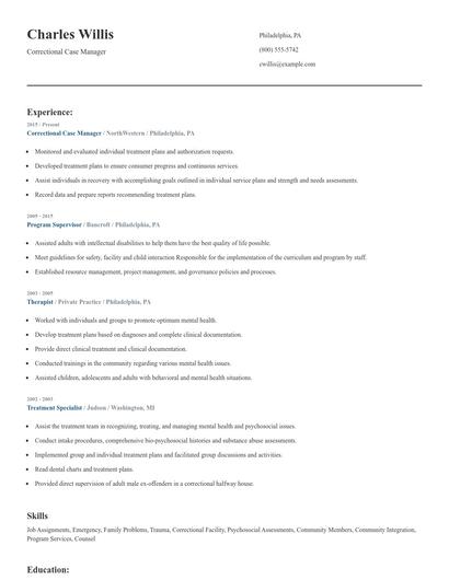 Correctional Case Manager Resume