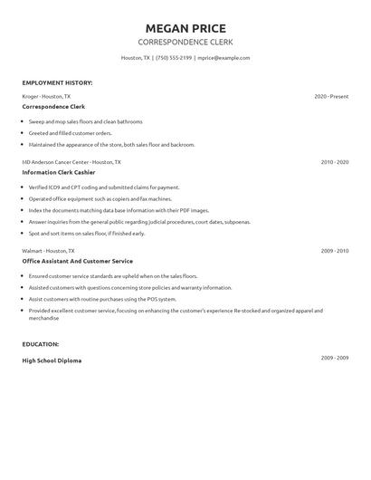 Correspondence Clerk Resume