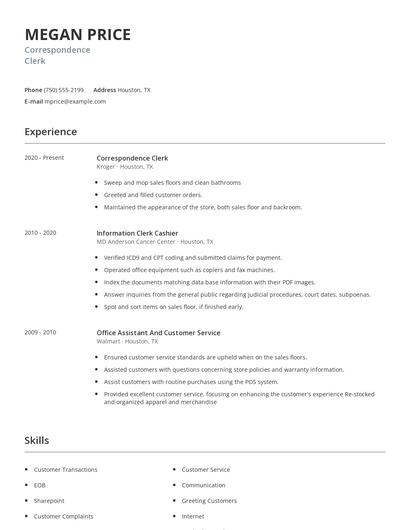 Correspondence Clerk Resume