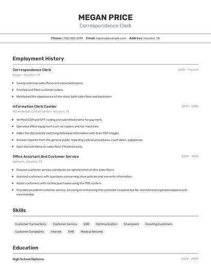 Correspondence Clerk Resume