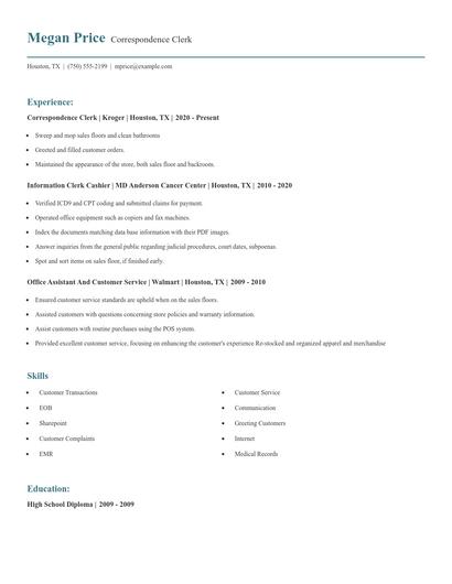 Correspondence Clerk Resume