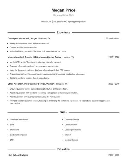 Correspondence Clerk Resume