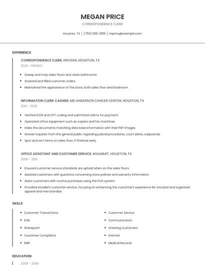 Correspondence Clerk Resume