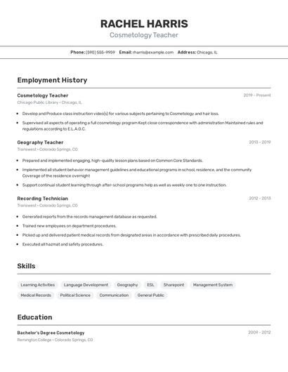 Cosmetology Teacher Resume