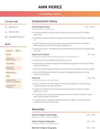Cosmetology Teacher Resume