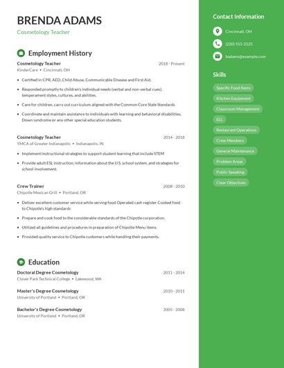 Cosmetology Teacher Resume