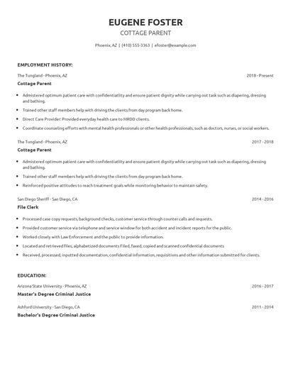 Cottage Parent Resume