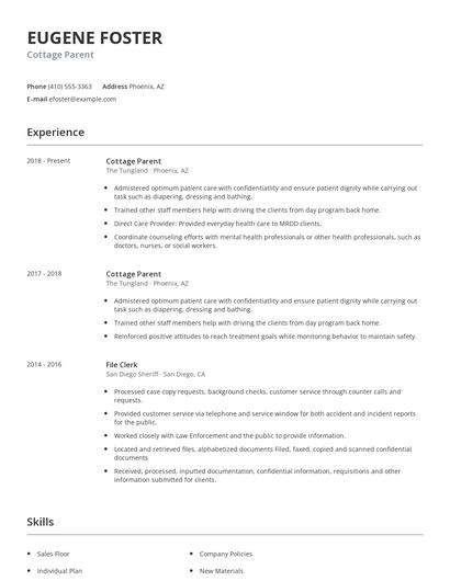 Cottage Parent Resume