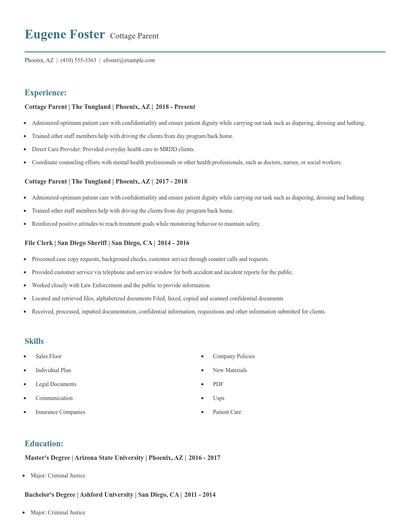Cottage Parent Resume