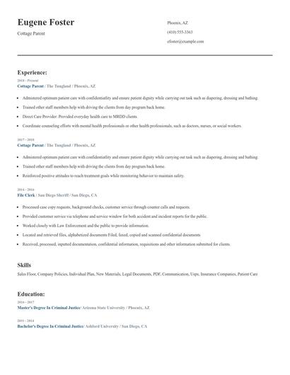 Cottage Parent Resume