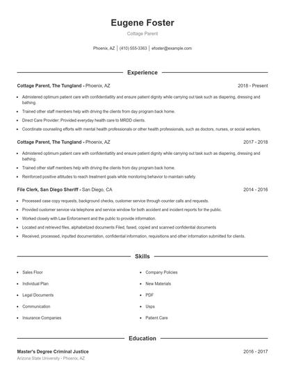 Cottage Parent Resume