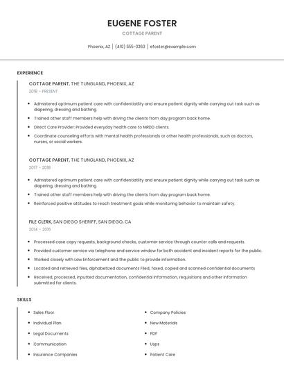 Cottage Parent Resume