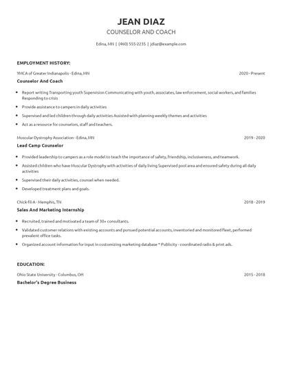 Counselor And Coach Resume