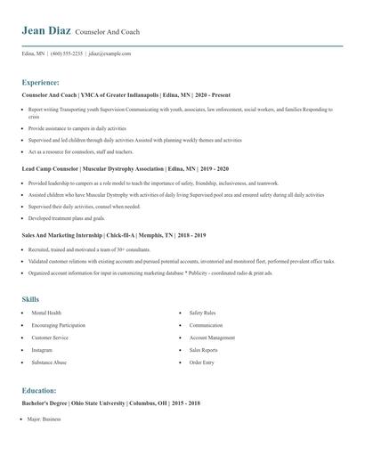 Counselor And Coach Resume