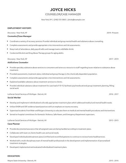 Counselor/Case Manager Resume