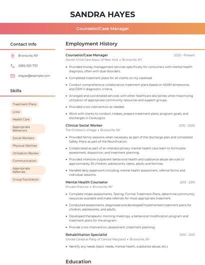 Counselor/Case Manager Resume