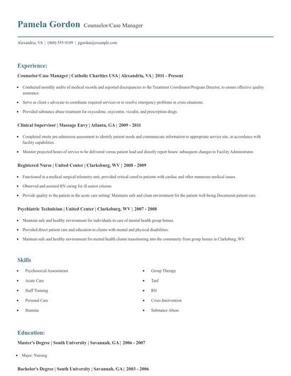 Counselor/Case Manager Resume