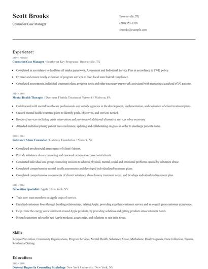 Counselor/Case Manager Resume