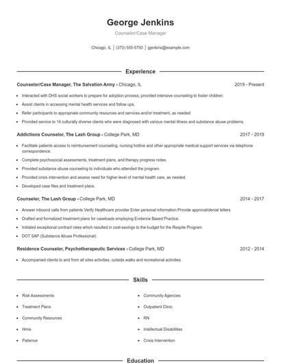 Counselor/Case Manager Resume