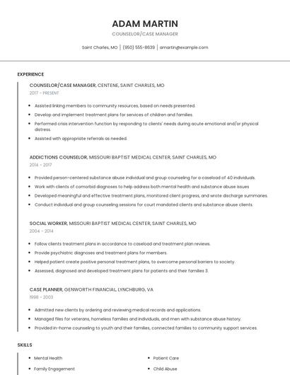 Counselor/Case Manager Resume