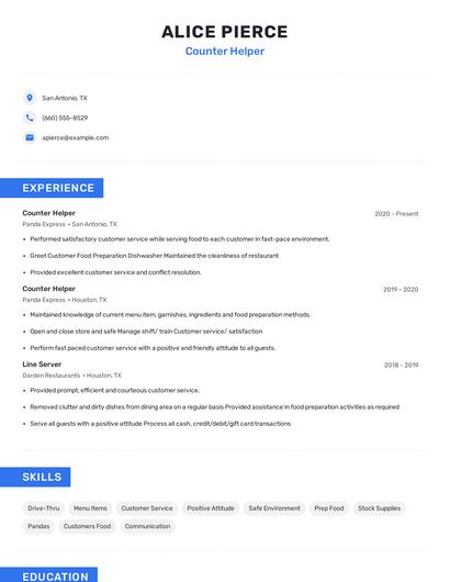 Counter Helper Resume