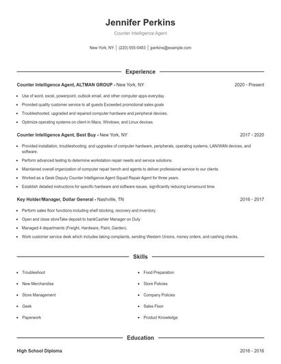 Counter Intelligence Agent Resume