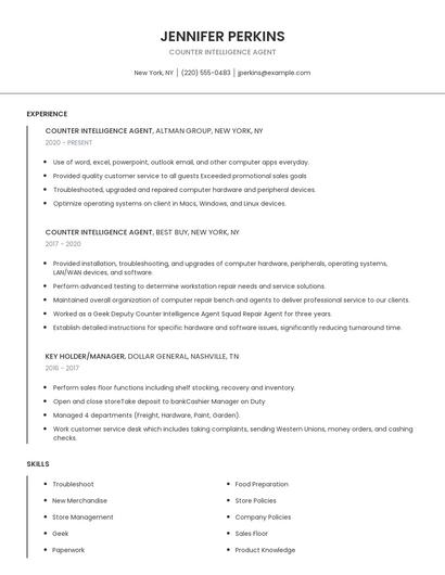 Counter Intelligence Agent Resume