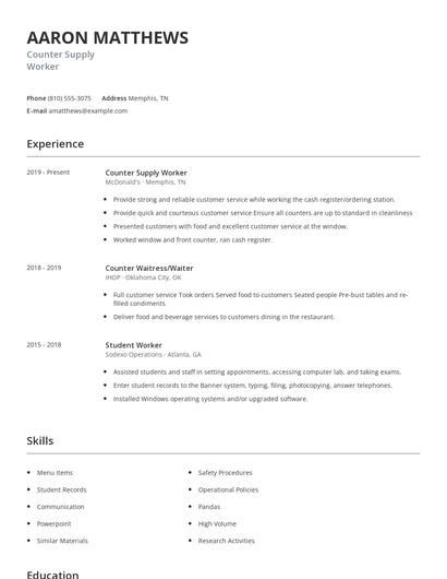 Counter Supply Worker Resume