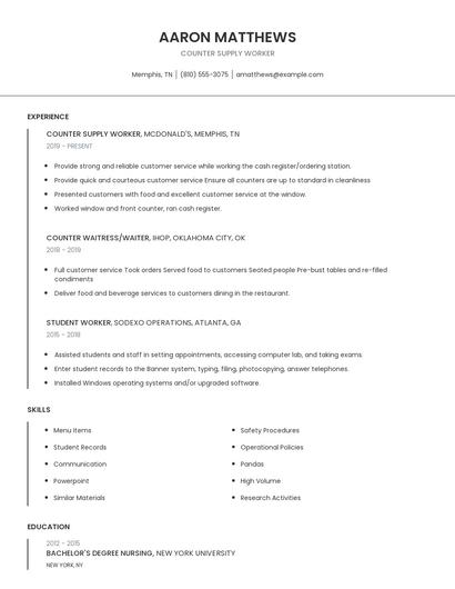 Counter Supply Worker Resume