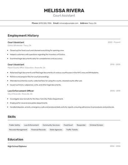 Court Assistant Resume