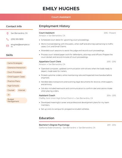 Court Assistant Resume