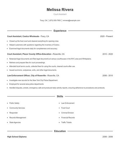 Court Assistant Resume