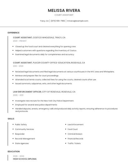 Court Assistant Resume