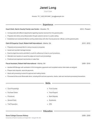 Court Clerk Resume