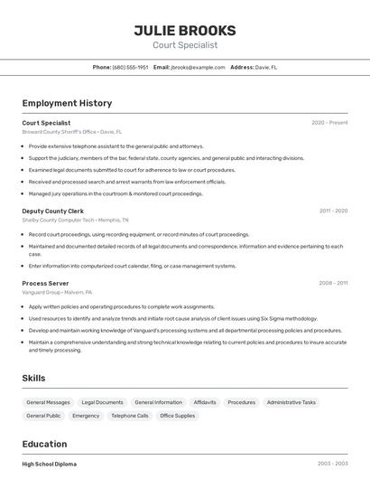 Court Specialist Resume