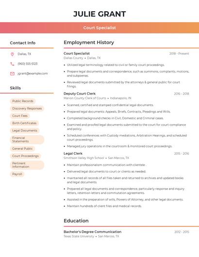 Court Specialist Resume