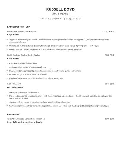 Craps Dealer Resume