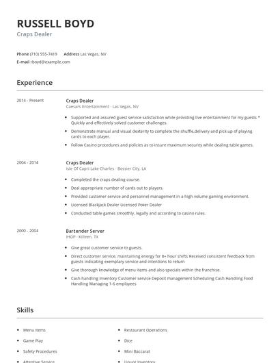 Craps Dealer Resume