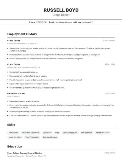 Craps Dealer Resume