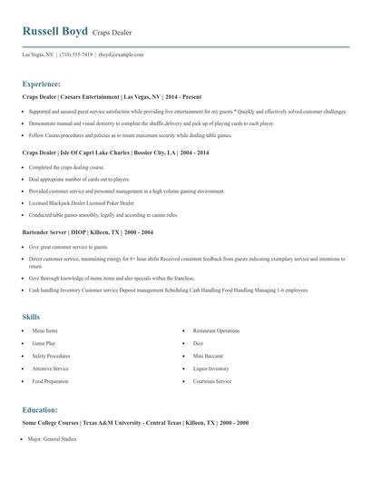 Craps Dealer Resume