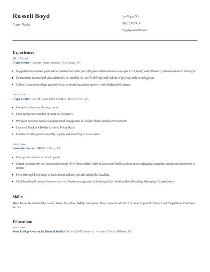 Craps Dealer Resume