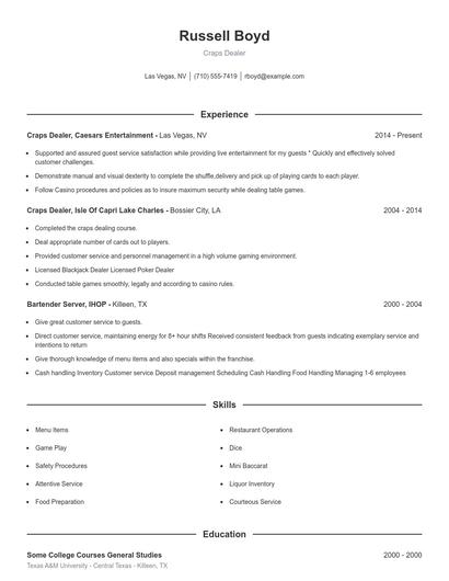 Craps Dealer Resume