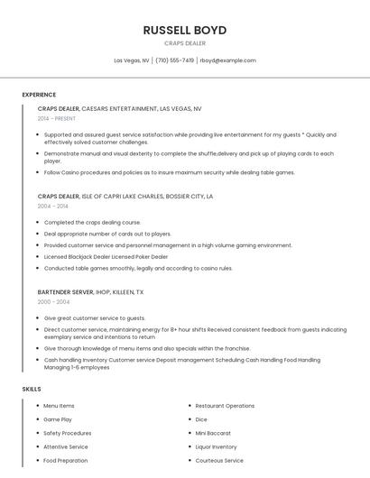 Craps Dealer Resume