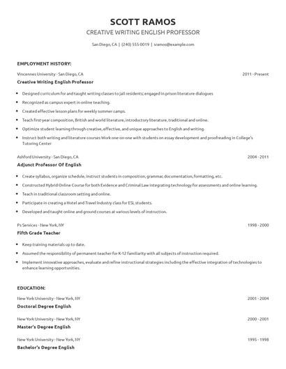 Creative Writing English Professor Resume