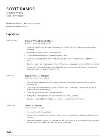 Creative Writing English Professor Resume