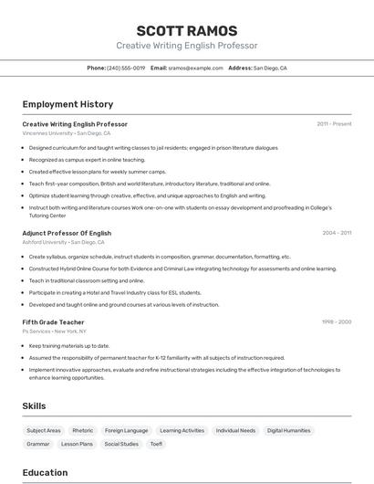 Creative Writing English Professor Resume