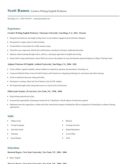 Creative Writing English Professor Resume